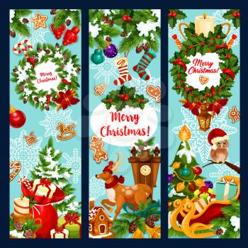 Christmas tree and holly wreath with gift greeting banner set. Xmas tree, gift bag with presents, bell, ball and candy, candle, snowflake and sock, cookie, snow and reindeer for winter holidays design