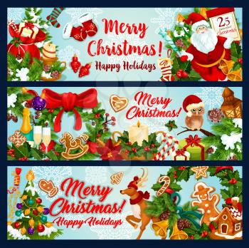 Christmas winter holiday festive banner set. Xmas tree and holly wreath with Santa bell, ribbon and gift, snowflake, candy and candle, ball, sock, cookie and reindeer for New Year greeting card design
