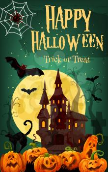 Halloween ghost house greeting card for october holiday celebration. Halloween spooky castle with pumpkin lantern, bat and spider net with full moon sky and horror cemetery on background