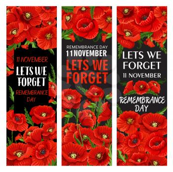 Red poppy flower banner set for Remembrance Day design. Lest We Forget memorial card template of World War soldier and veteran with floral pattern of British legion poppy flower
