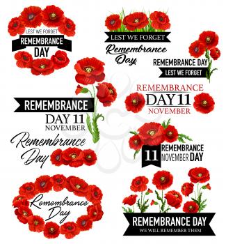 Poppy flower wreath for Remembrance Day design. British legion red poppy flower icon with memorial black ribbon for World War soldier and veteran Memory Day template