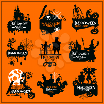 Halloween horror symbol of autumn holiday monsters. Pumpkin, spider net and witch, ghost haunted house, skeleton and full moon, zombie, devil and demon black silhouette for Halloween themes design