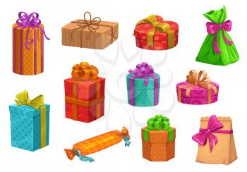 Christmas gifts and birthday present boxes vector design of packs and bags, decorated with ribbon bows and ornate wrappings. Xmas and New Year winter holidays, Valentines Day and anniversary theme