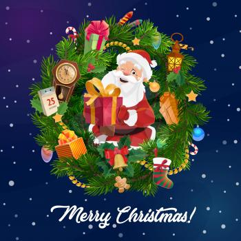 Santa with Christmas gift in frame of Xmas tree wreath vector design. Pine and holly berry with New Year presents, stocking and bell, candy cane, gingerbread and balls, calendar, clock and snowflake