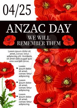 Anzac Day Lest We Forget greeting card of poppy flowers for 25 April Australian and New Zealand war remembrance anniversary holiday. Vector Anzac Day poppy war commemoration symbols