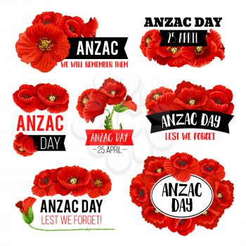 Anzac Day poppy flower memorial card with Lest We Forget message. Red flower of poppy blooming plant for 25 April remembrance anniversary of Australian and New Zealand Army Force