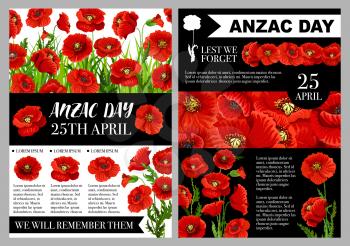 Anzac Day Lest We Forget greeting card of poppy flowers for Australian war commemorative day. Vector design of red poppy flowers for Australia and New Zealand Anzac Day war commemoration