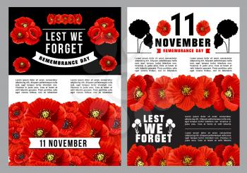 Poppy Day Lest We Forget poster for Remembrance Day template. Red poppy flower field with 11 November memorial ribbon banner for World War soldier and veteran Memory Day design