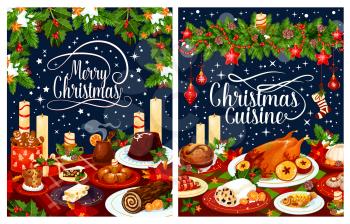 Christmas dinner poster with festive dishes. Baked turkey, Xmas pudding and fish, fruit cake, gingerbread cookie and sausage, sweet bread and nut dessert banner with holly garland, candle and ribbon