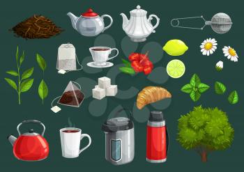 Tea cup, green leaf and teapot vector icons of hot beverage design.Tea bags, lemon and kettle, sugar cubes, mug and croissant, infuser mesh spoon, termopot and mint, hibiscus and chamomile flowers