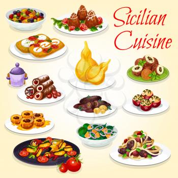 Sicilian cuisine snack, salad and dessert dishes. Vector meatball spaghetti pasta, eggplant stew caponata, cannoli and rice arancini, focaccia bread with vegetable and cheese, stuffed tomato and peach
