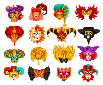 Venetian carnival masks, traditional Venice masquerade festival. Vector masks of animal or bird and mystery human face with veil, feathers or harlequin pattern ornament. Theater or Mardi Gras theme
