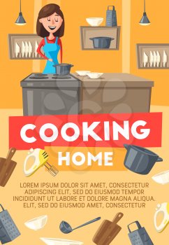 Home cooking, cartoon housewife woman on kitchen with utensils. Vector kitchenware, saucepan or frying pan on stove, dishwasher and grater with whisk and ladle or mixer