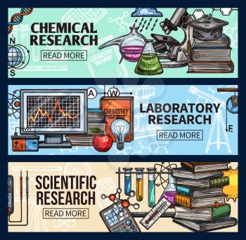 Science research, laboratory equipment vector sketch. Biology and chemistry experiments and tests, genetics DNA molecule, scientist hat and beakers with books, calculator and microscope