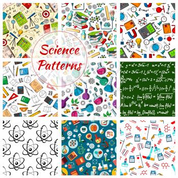 Science seamless patterns. Vector set of study appliances and scientific books, biology DNA in microscope, astronomy planet globe or chemistry beaker and mathematics or geometry formula and atom ruler