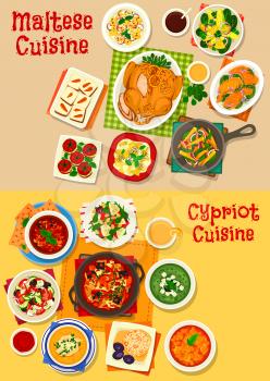 Cypriot and maltese cuisine icon set. Vegetable and fruit salad with cheese, vegetable bean stew, baked turkey and salmon steak, chicken rice and cucumber soup, pilaf, fruit cream dessert and cake