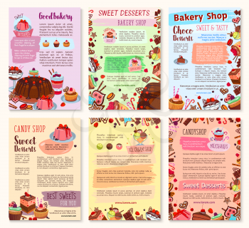 Bakery dessert, sweets and ice cream posters set. Cake, cupcake, chocolate, cream dessert, fruit pie, ice cream sundae, berry muffin and gingerbread cookie symbol for pastry shop, cafe design