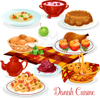 Danish cuisine food for lunch menu design. Salmon fish pasta, chicken with stuffed tomato, red cabbage salad, rice pudding with cherry sauce, chicken soup, raisin bun and nut pie