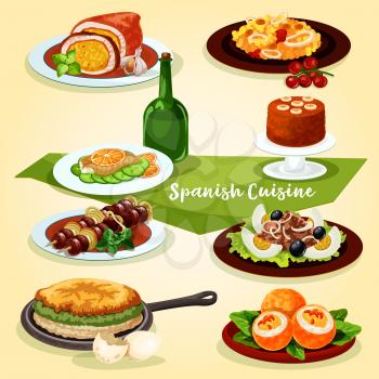 Spanish cuisine lunch with dessert cartoon icon. Seafood paella, tuna egg salad with olive, stuffed pork, grilled lamb, vegetable omelette, fried egg stuffed with sausage, banana pudding