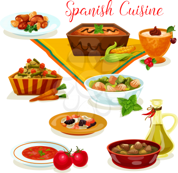 Spanish cuisine tasty dinner menu icon of pork bean soup with ham and sausage, rice pudding, meat and liver vegetable stew, chicken in wine sauce, tomato soup gazpacho, potato bean salad, corn cream