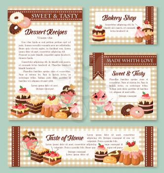 Cake and bakery shop banner template set with pastry dessert. Cake, cupcake, chocolate muffin, donut, ice cream, brownie, cheesecake and fruit pudding for pastry shop business card and poster design