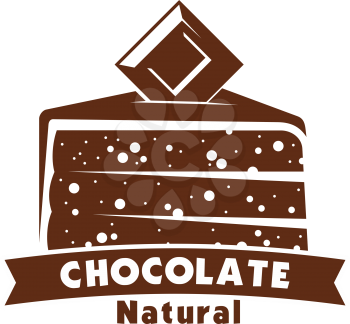 Chocolate cake sweet dessert icon of confectionery and pastry shop label. Cake with cocoa glaze or chocolate fondant, topped with dark chocolate bar for cafe dessert menu, food packaging emblem design
