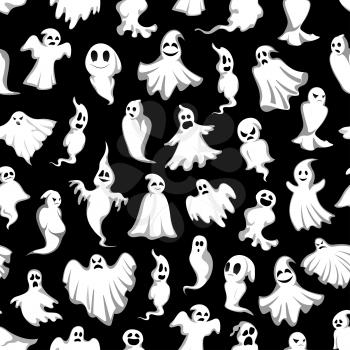 Halloween ghost seamless pattern vector design for horror party invitation poster and trick or treat holiday celebration template. Vector spooky Halloween cartoon happy and scary ghost on black