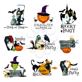 Happy Halloween icon of october holiday horror night party symbol. Halloween pumpkin in witch hat, spooky ghost, house and bat, skeleton skull, black cat, zombie and grave for Halloween emblem design