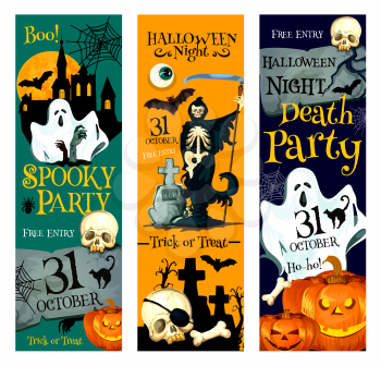 Halloween pumpkin and ghost banner for horror night party invitation template. Halloween lantern with bat and skeleton skull, haunted house with cemetery grave and death with scythe poster design