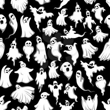 Halloween ghost pattern for trick or treat holiday or party night. Vector seamless backdrop of spooky white ghosts or happy evil monsters flying on black for 31 October Halloween celebration