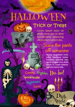 Halloween holiday trick or treating poster template. Scary pumpkin lantern and bat, spooky skeleton skull and death scythe, black cat and spider web on cemetery grave banner for october holiday design