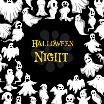 Halloween night poster of spooky ghosts pattern for horror holiday party celebration. Vector 31 Ocotber trick or treat design template of Halloween scary white ghost of haunted house