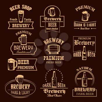 Beer icons for brewery pub or bar of beer bottles or wood barrels and ale pint mugs with frothy foam. Vector isolated symbols or premium quality craft or draught beer for brewery sign templates
