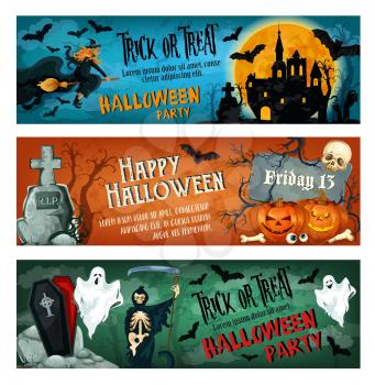 Halloween party banner for october holiday celebration invitation template. Horror ghost and bat, Halloween pumpkin and spooky skeleton skull, witch and cemetery gravestone greeting poster design