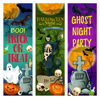 Halloween ghost party banner of october holiday. Halloween night cemetery with pumpkin lantern and bat, skeleton skull and gravestone, death or grim reaper with scythe for greeting card, poster design