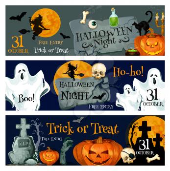 Halloween holiday spooky ghost and pumpkin banner. Halloween lantern and bat, scary witch and skeleton skull, zombie grave, black cat and orange full moon for horror party invitation flyer design