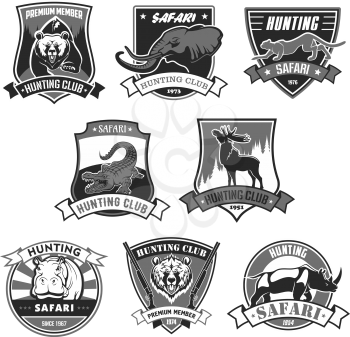 Hunting club icons for hunter african safari or open season. Vector isolated badges set wild animals grizzly bear, elephant and cheetah panther or leopard, alligator crocodile, deer elk and rhinoceros