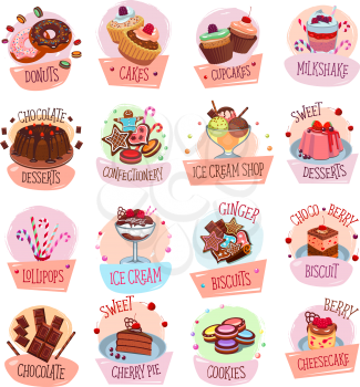 Bakery shop sweets and desserts icons for cafeteria menu. Vector set of berry and fruit cakes, chocolate pies or pastry cookies and biscuits, ice cream or tiramisu and brownie tortes and donuts