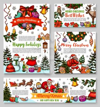 Santa and Christmas gift sketch banner for New Year greeting card. Xmas tree wreath with holly berry, bell and ball, Santa, snowman and present, candle, sock and snowflake, reindeer sleigh and ribbon
