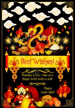 Chinese dragon greeting card with parchment and wishes of Happy Lunar New Year. Oriental Spring Festival lantern, fortune coin and firework, god of wealth, gold ingot and fan for festive poster design