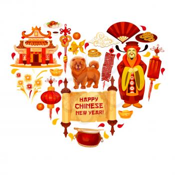 Happy Chinese New Year wish hieroglyph and traditional lunar year celebration symbols for greeting card design. Vector heart of Chinese drum, emperor and gold sycee or red lantern in fireworks
