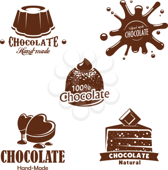 Chocolate desserts, candy and splashes. Patisserie or confectionery choco cakes and pies, chocolate drops of heart shape, brownie or tiramisu tortes, muffins and cupcakes. Vector isolated icons set