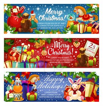 Merry Christmas banners design for seasonal greetings and holiday wishes. Vector Santa gifts bag and New Year decoration garland of golden bell and star on Christmas tree for 25 December calendar