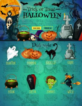 Halloween web page design. Landing web page of Halloween holiday traditional symbols with ghost, pumpkin and bat, scary skeleton skull, witch, black cat and zombie, cemetery grave, coffin and potion