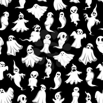 Halloween ghost seamless pattern background. Scary ghost and holiday spirit, flying monster, poltergeist and phantom with smiling and spooky skull. Horror ghost pattern for Halloween themes design