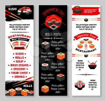 Japanese sushi restaurant or Asian cuisine bar menu banners templates. Vector fish sushi rolls, rice and salmon tobiko, eel or tuna sashimi and ramen noodles soup, Japanese tea, chopsticks and soy