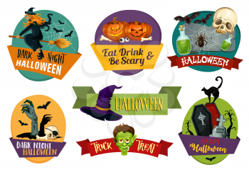 Halloween party and trick or treat celebration icons for greeting card design. Vector set of Happy Halloween Jack pumpkin, witch on broom or skeleton skull and zombie dead hand or tomb on graveyard