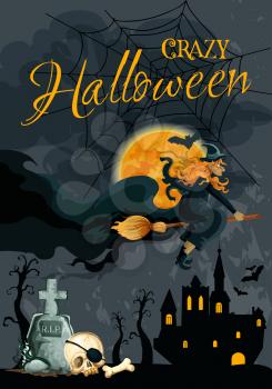 Halloween trick or treat holiday poster of witch flying on broom on haunted castle house in night. Vector Halloween greeting card design of skull bones on tomb and grave, spider web and black bats