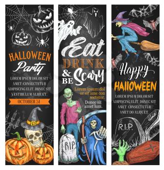 Halloween spooky monsters party sketch banners for trick or treat holiday celebration design. Vector Halloween pumpkin lantern, horror night skeleton skull or witch, black cat and death on grave tomb