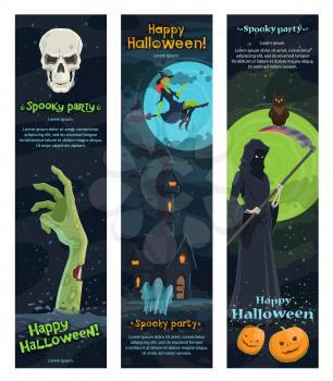 Halloween night horror party banner of autumn holiday. Ghost, bat and witch flying around haunted house, pumpkin lantern and skull, skeleton with death scythe and zombie for invitation flyer design